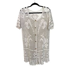 Crochet Knit Boho Button Front Swimwear Coverup Cardigan Cream